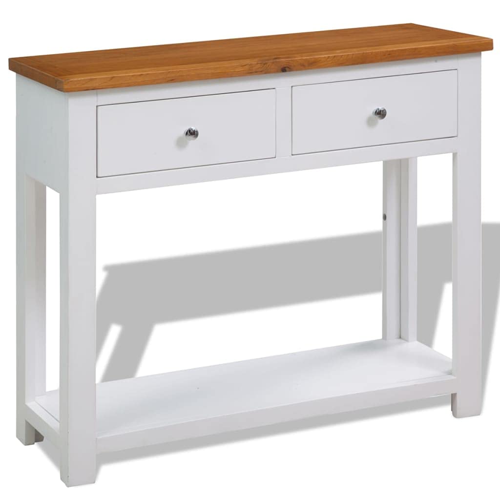 Brown Solid Oak and Acacia Wood Console Table with 2 Drawers and Storage Shelf V722