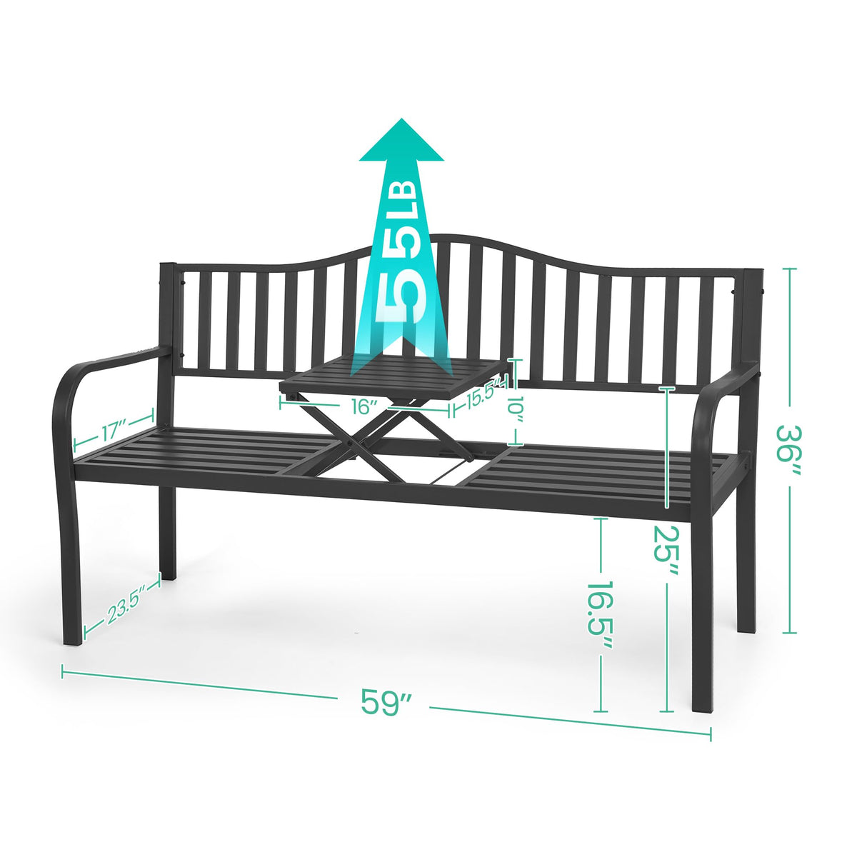 59" Gray Metal Outdoor Bench with Built in Table N8207