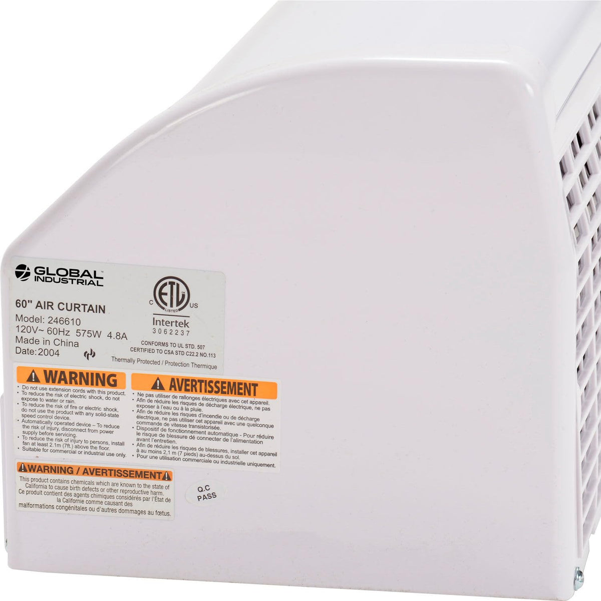 Unheated Air Curtain with Remote Control, 60"W, 1/3 HP L4629