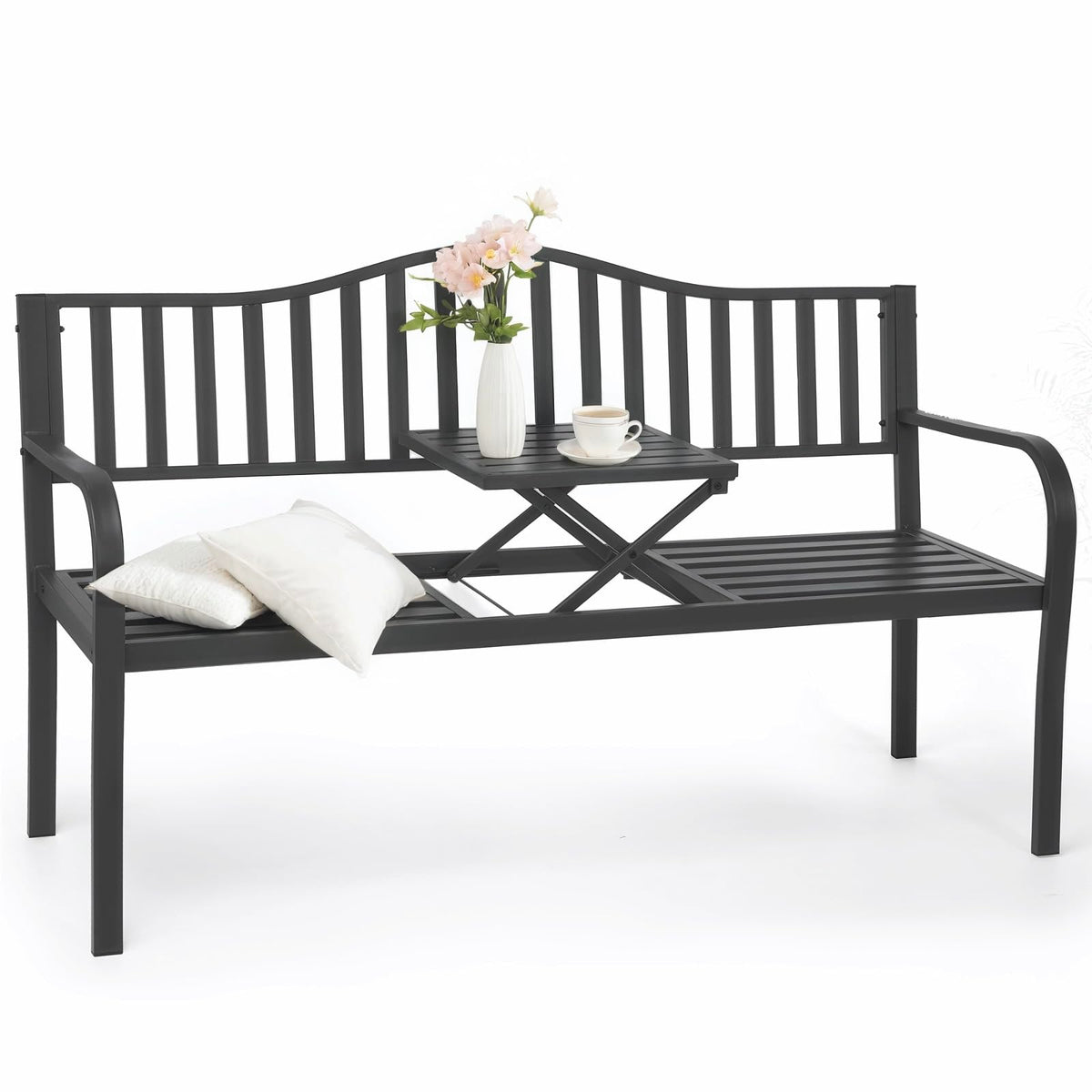59" Gray Metal Outdoor Bench with Built in Table N8207