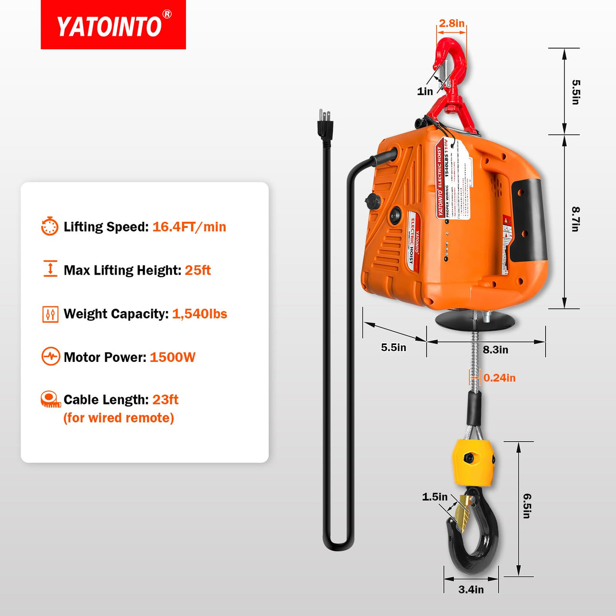 3-in-1 Electric Hoist Winch 1540 lbs 120V with Remote S5185