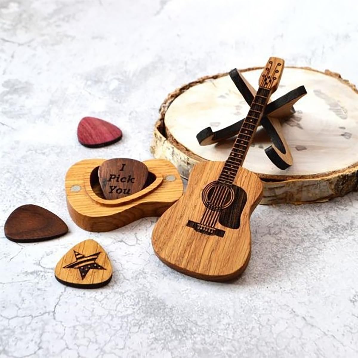 Wooden Guitar Pick Box with Stand 3PCS O160