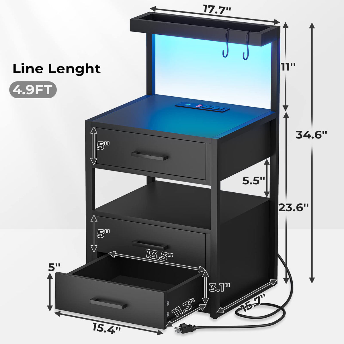 Black Nightstand with Charging Station and LED Lights, 3 Drawers H7717