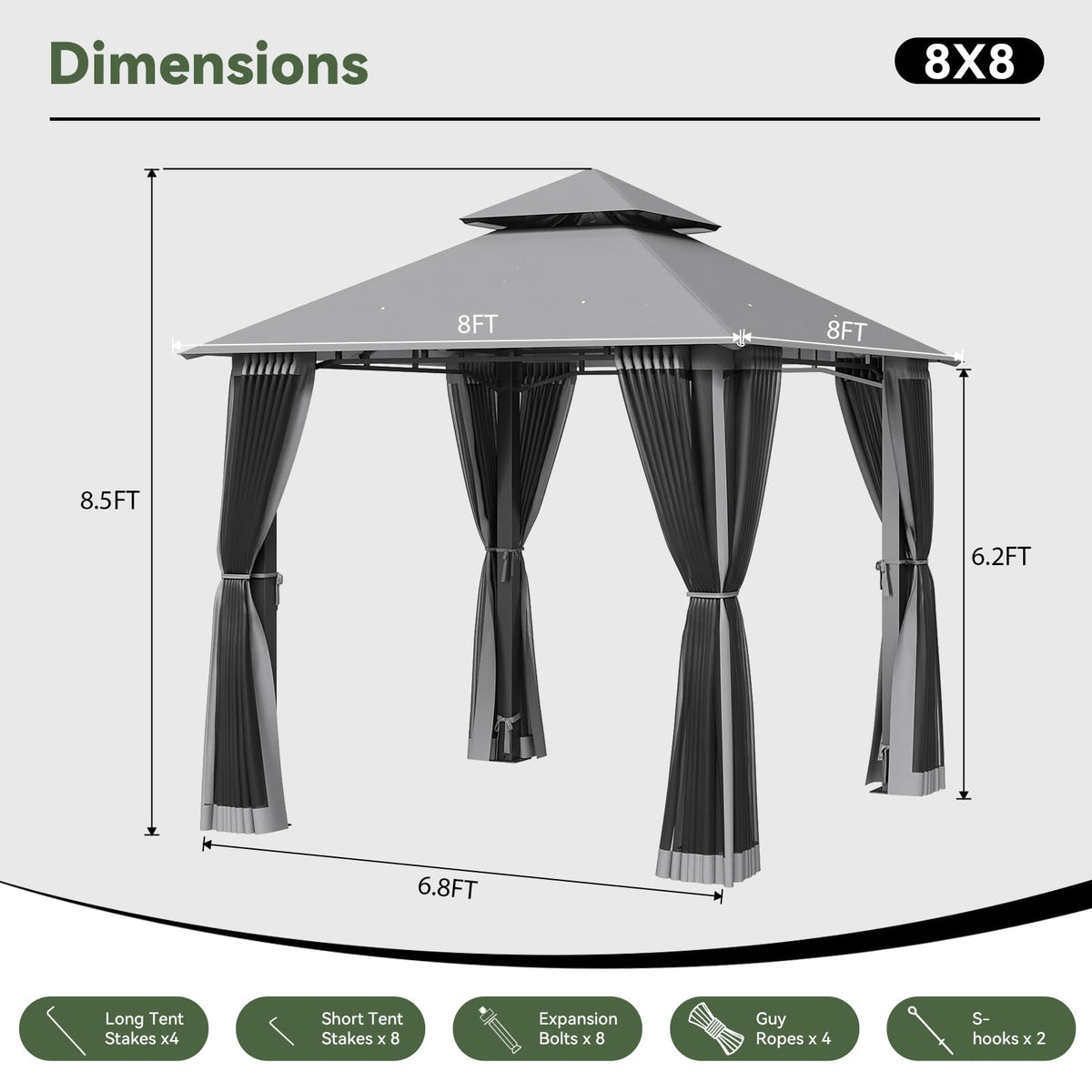 8'x8' Gray Gazebo with Double Roof & Mosquito Netting A82862