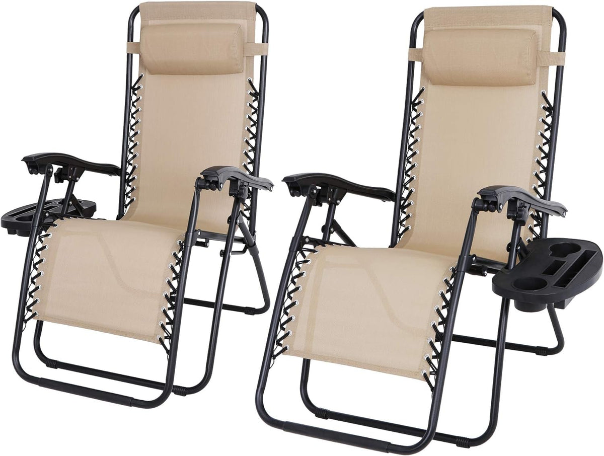 Zero Gravity Lounge Chairs Set of 2 Adjustable Folding Recliners with Cup Holders P81811