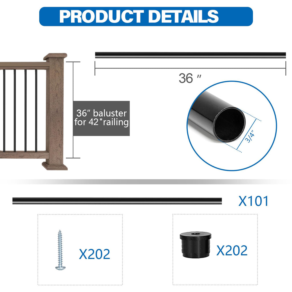101 Pack 36" Round Black Aluminum Deck Balusters S27900