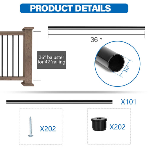 101 Pack 36" Round Black Aluminum Deck Balusters S27900
