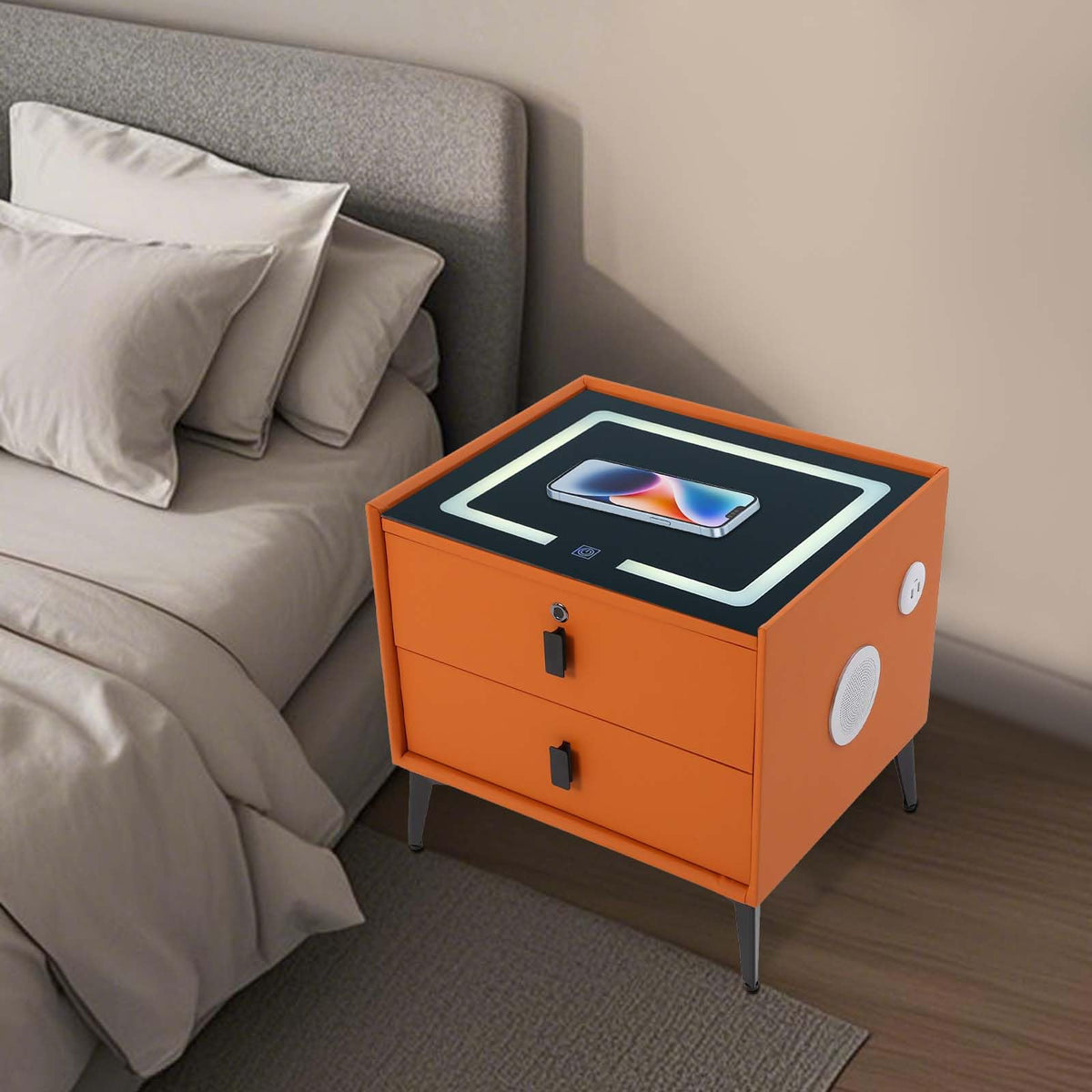 Wooden Nightstand with Fingerprint Lock Drawer and 2 Drawers A307