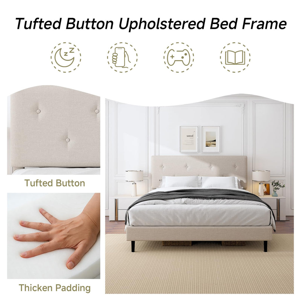Queen Size Beige Linen Bed Frame with Adjustable Headboard E584762