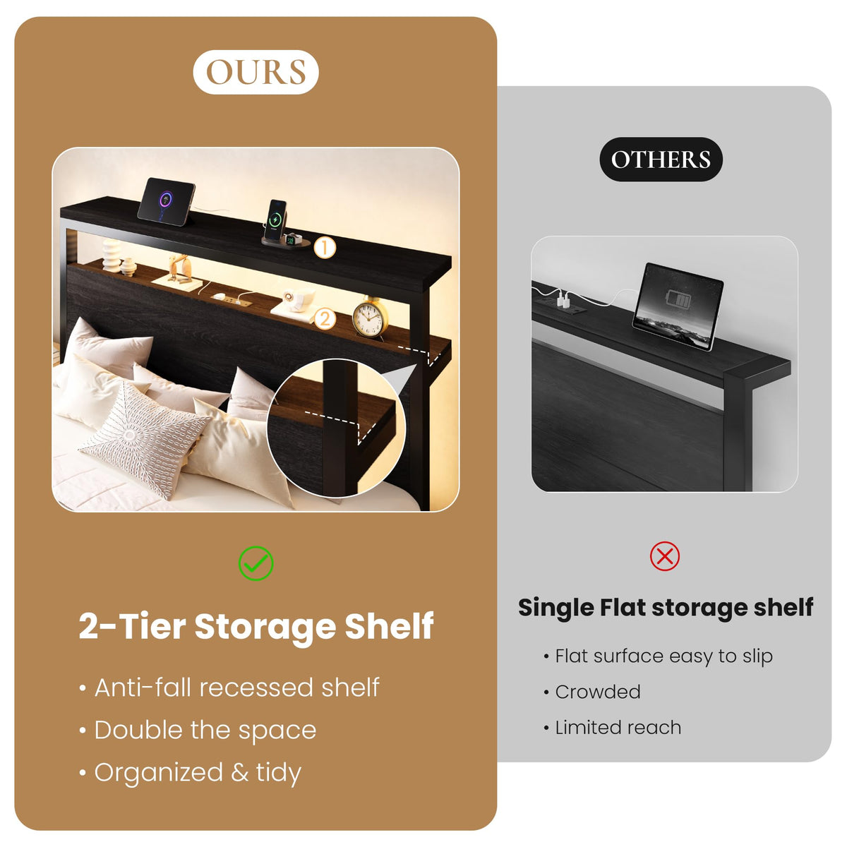 Full Bed Frame with 2-Tier Storage Headboard T17053