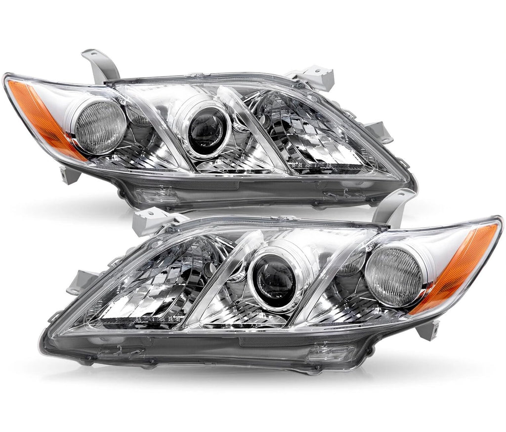 Pair Headlights Assembly Compatible With 2007-2009 Toyota Camry Driver Passenger Side Halogen Chrome Housing Clear Lens Z887