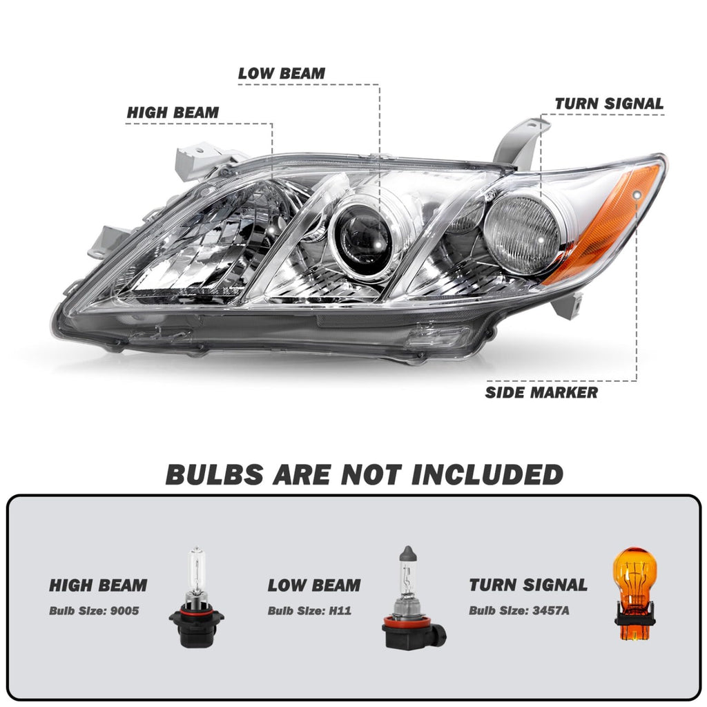 Pair Headlights Assembly Compatible With 2007-2009 Toyota Camry Driver Passenger Side Halogen Chrome Housing Clear Lens Z887