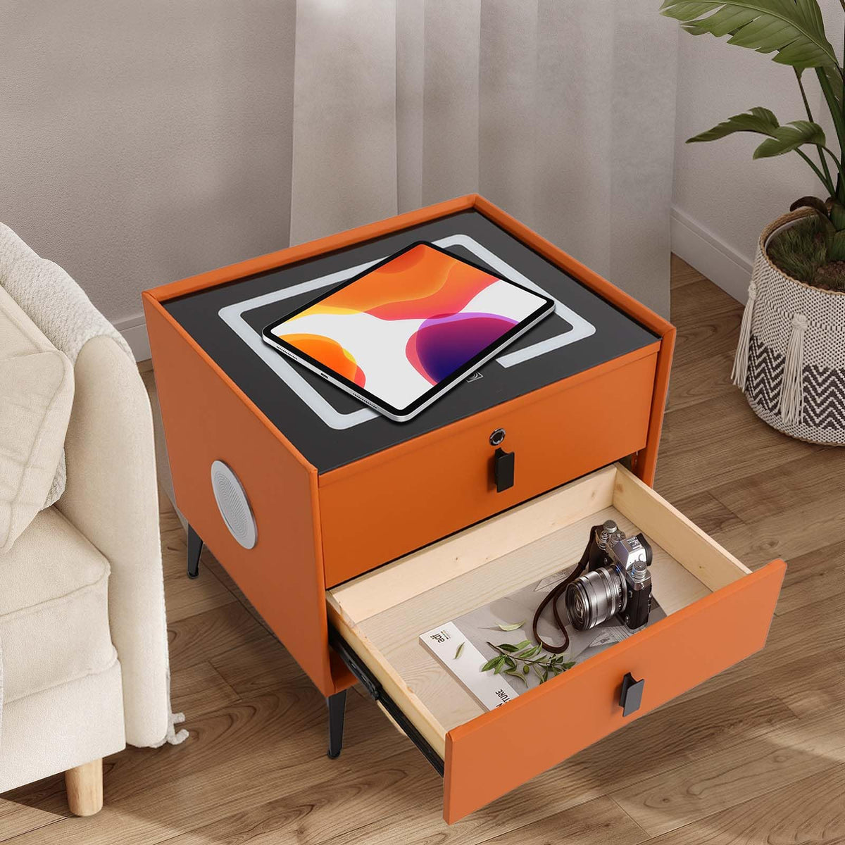 Wooden Nightstand with Fingerprint Lock Drawer and 2 Drawers A307