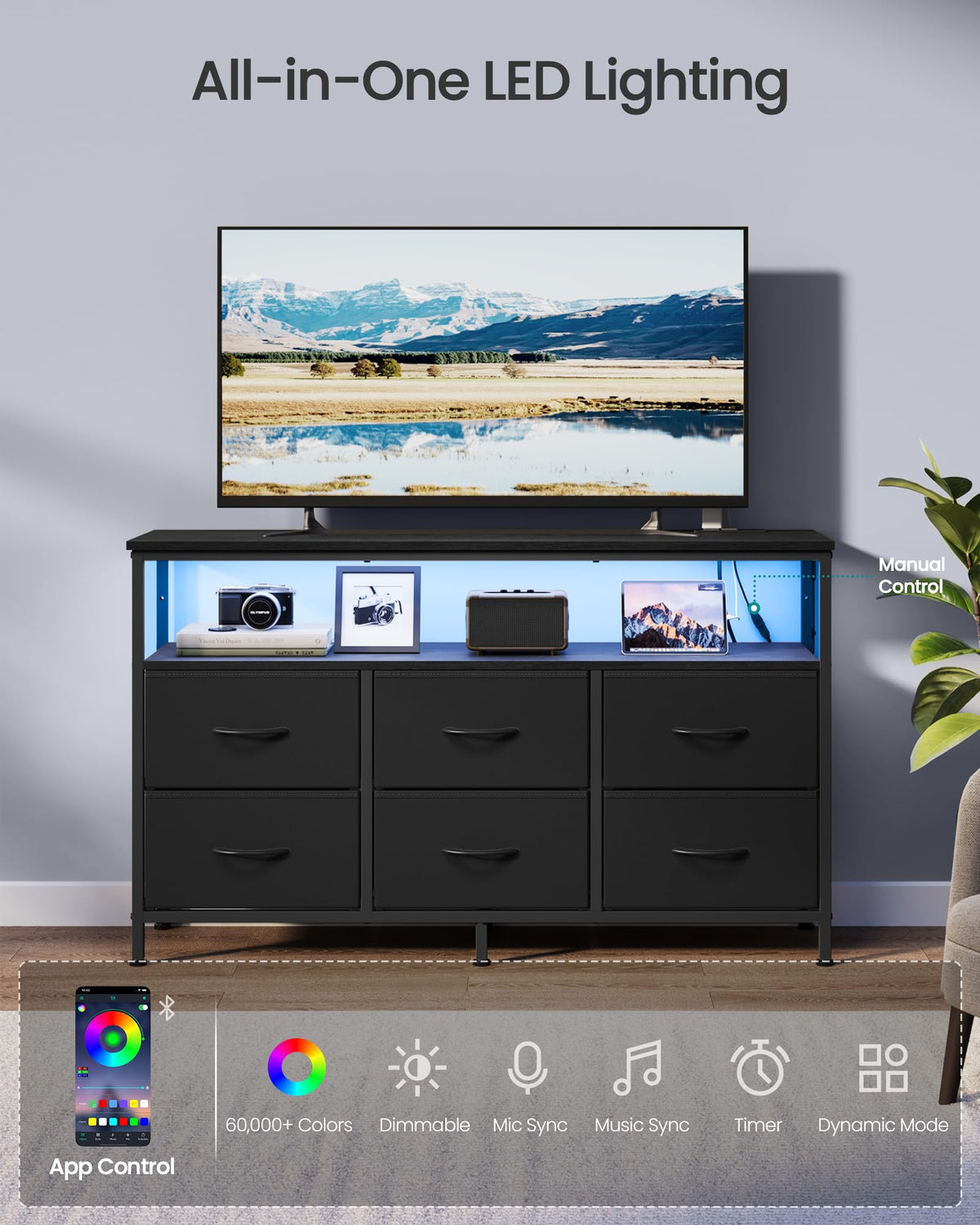 Wide Dresser with 6 Drawers & Open Shelf W6883