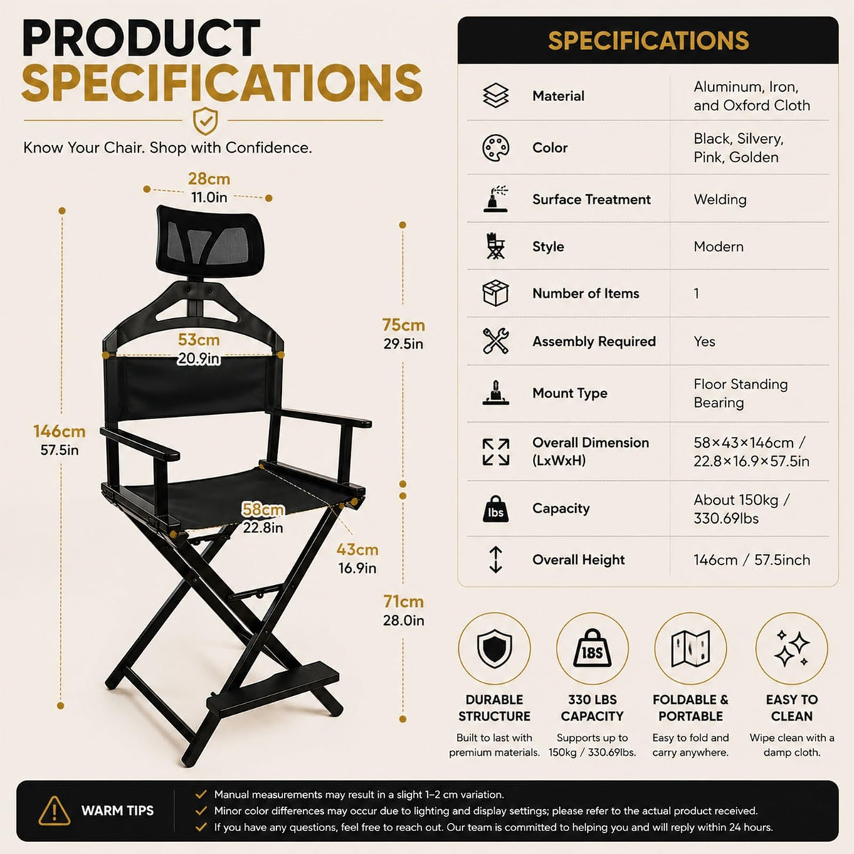 Tall Folding Directors Chair with Adjustable Headrest G59087
