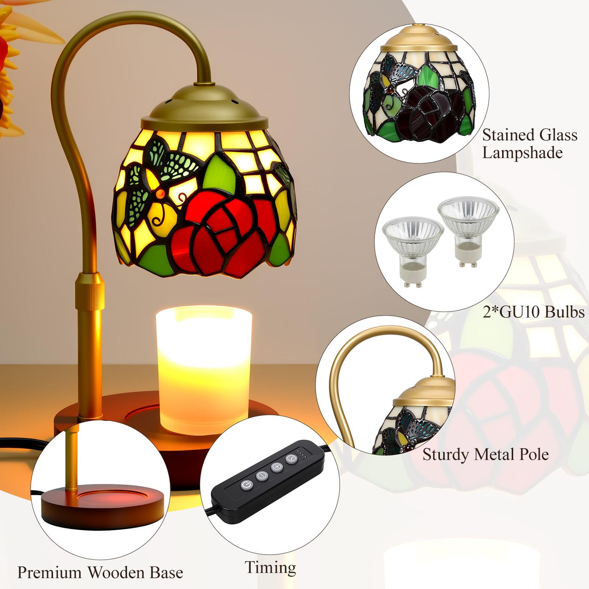 Candle Warmer Lamp with Timer Dimmer, Stained Glass, 2 Bulbs C598