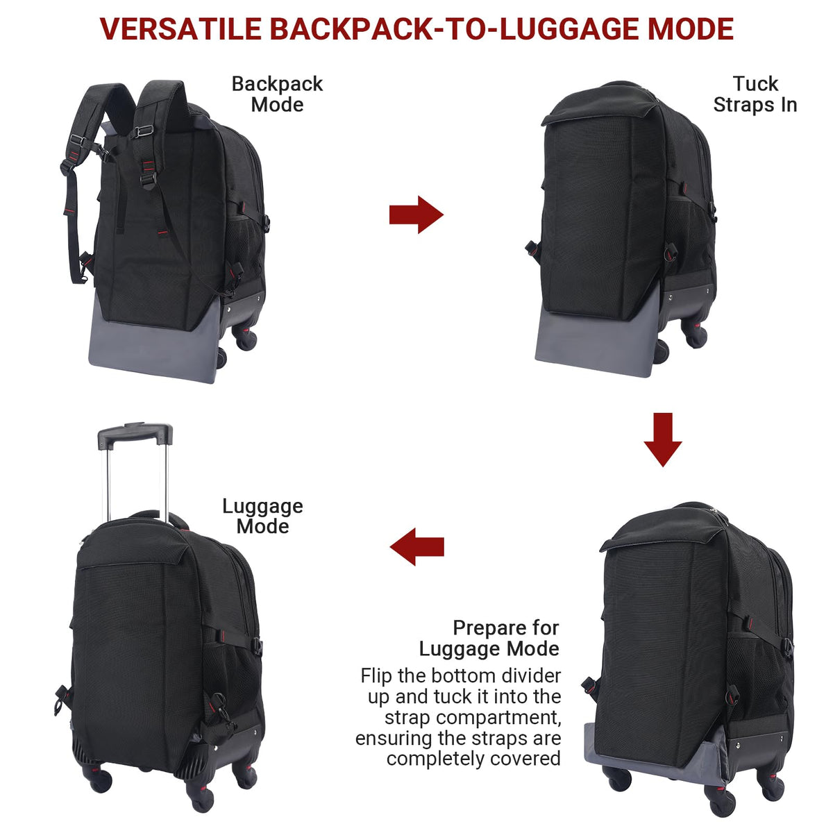 Rolling Backpack with 4 Extra Wheels, Water-Resistant Underseat Travel Luggage P38119