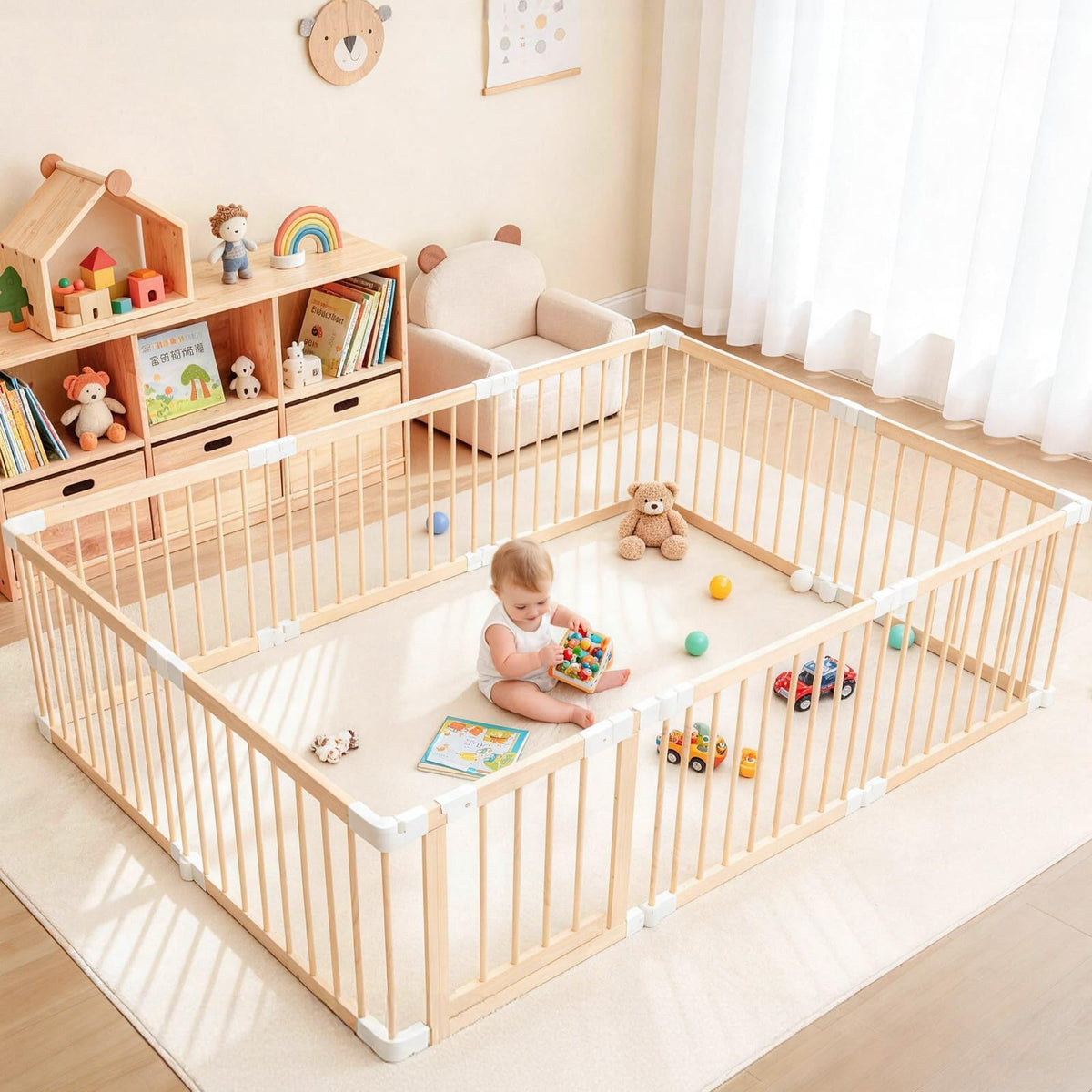 Foldable Wooden Playpen with Gate G838796