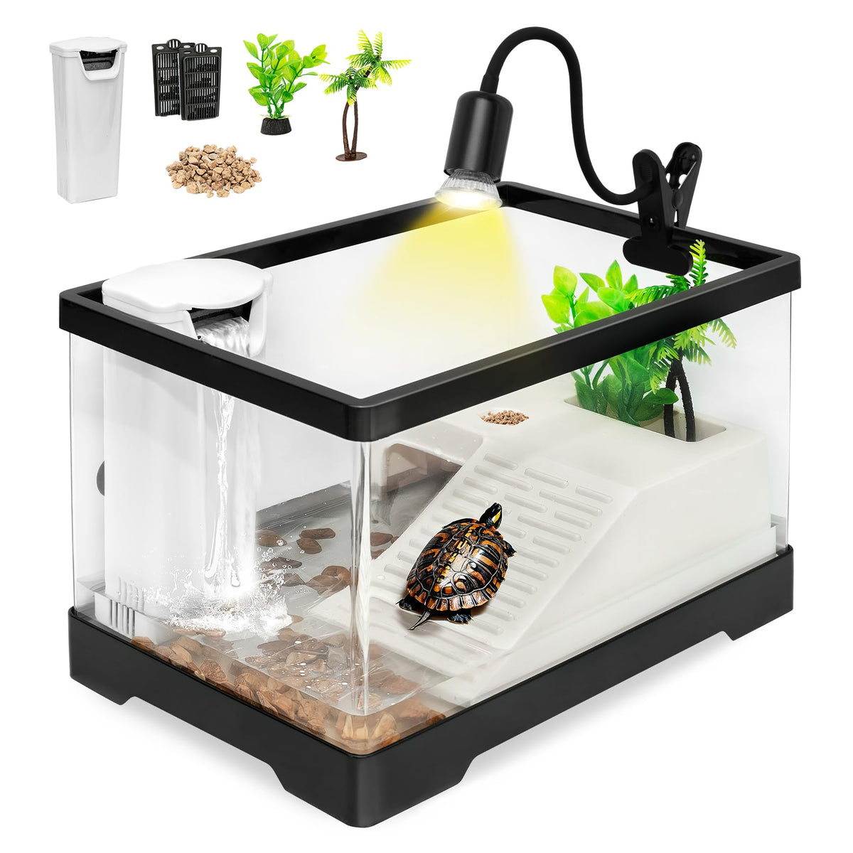 Turtle Tank Kit with Heat Lamp, Filter, UVB Lamp, Plants, Basking Platform J7446