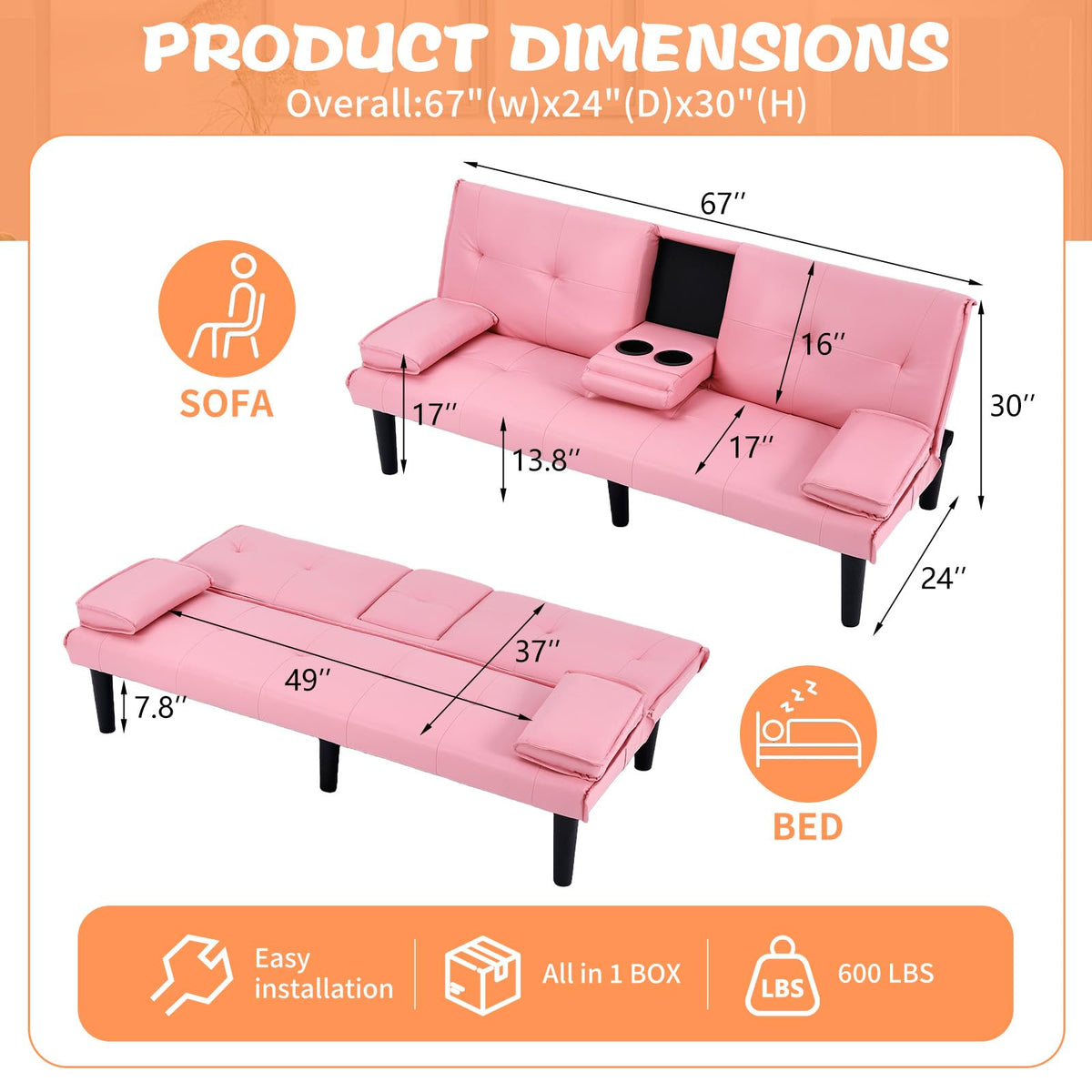 Black PVC Sofa Bed with Cup Holder and Solid Wood Frame H567