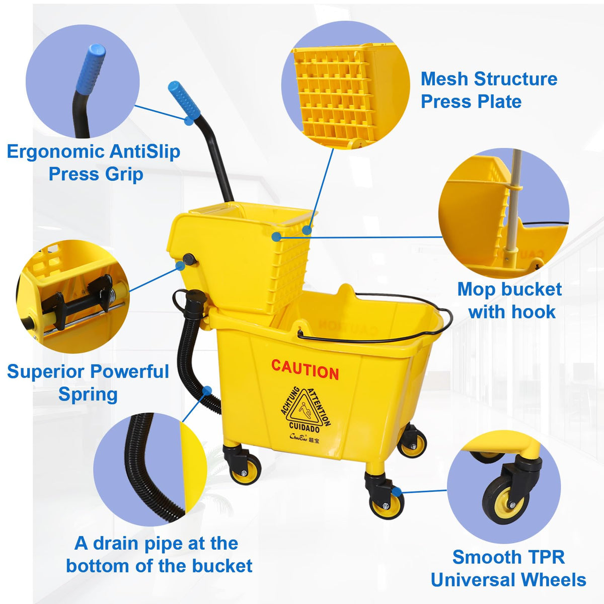 Yellow 35 Qt. Side-Press Mop Bucket and Wringer Combo on Wheels A7811