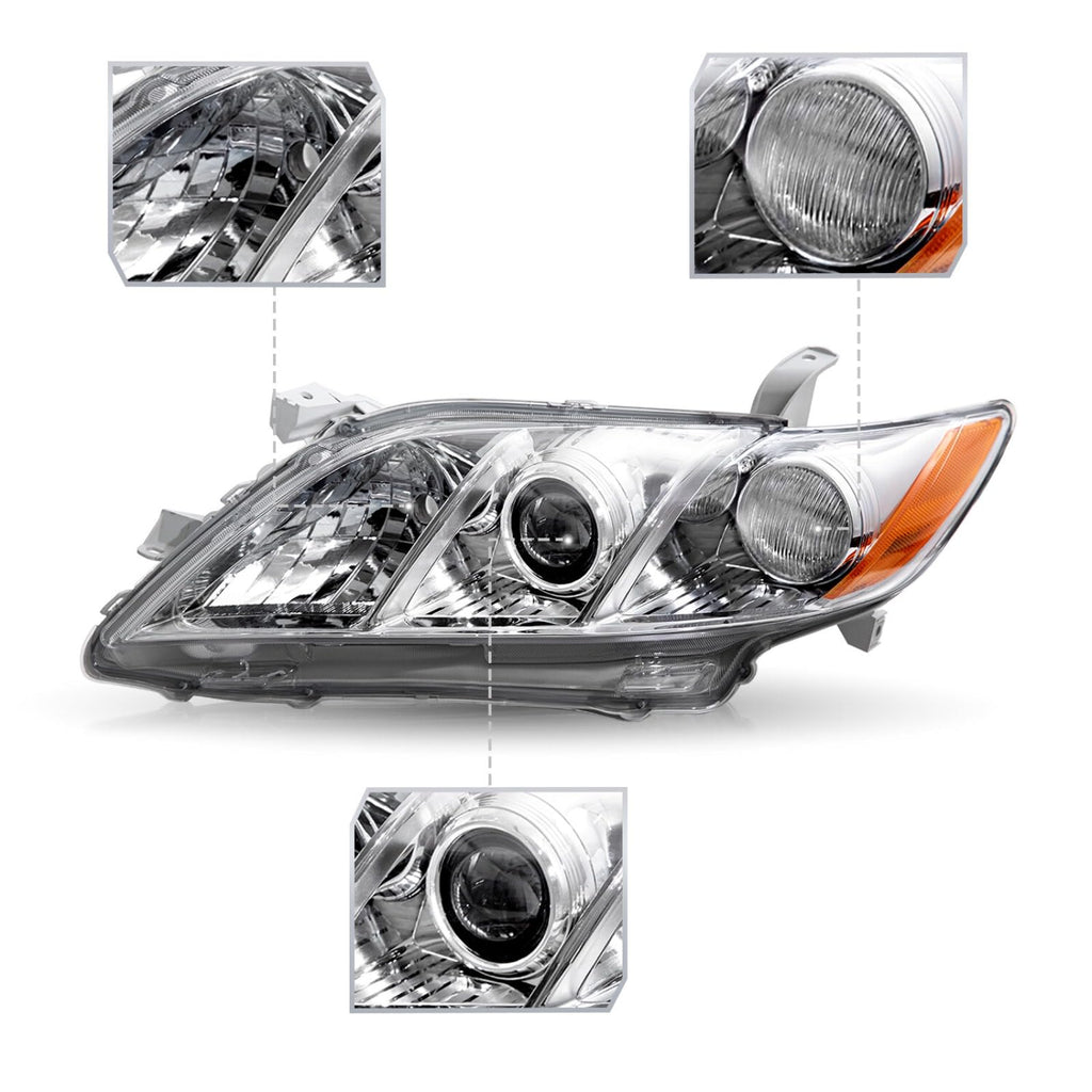 Pair Headlights Assembly Compatible With 2007-2009 Toyota Camry Driver Passenger Side Halogen Chrome Housing Clear Lens Z887
