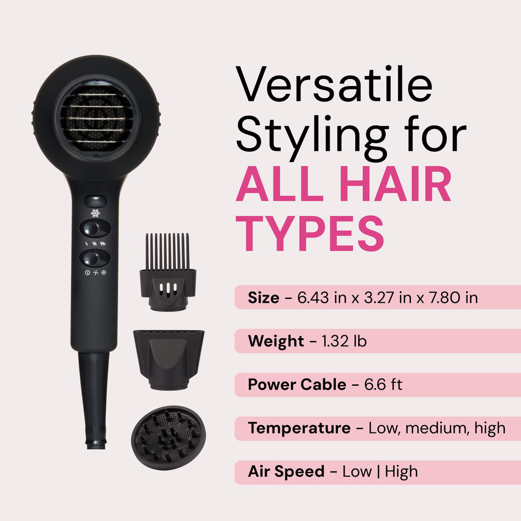 1875 Watt Ionic Hair Dryer with Diffuser & Concentrator, Black P2156