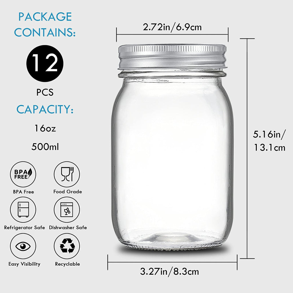 16 oz Clear Glass Mason Jars with Lids and Bands, 12 Pack R584