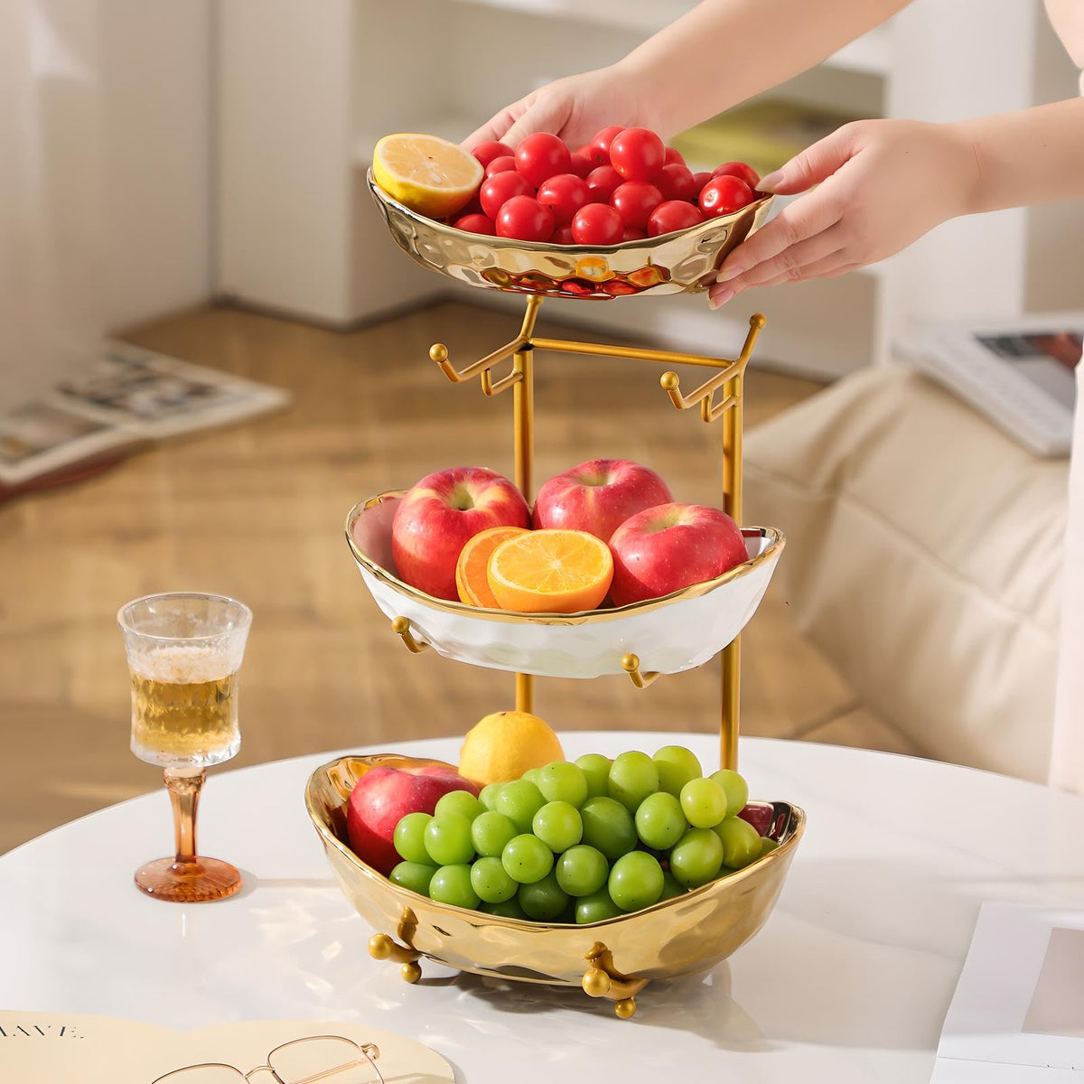 3 Tier Ceramic Fruit Bowl with Metal Stand H2261