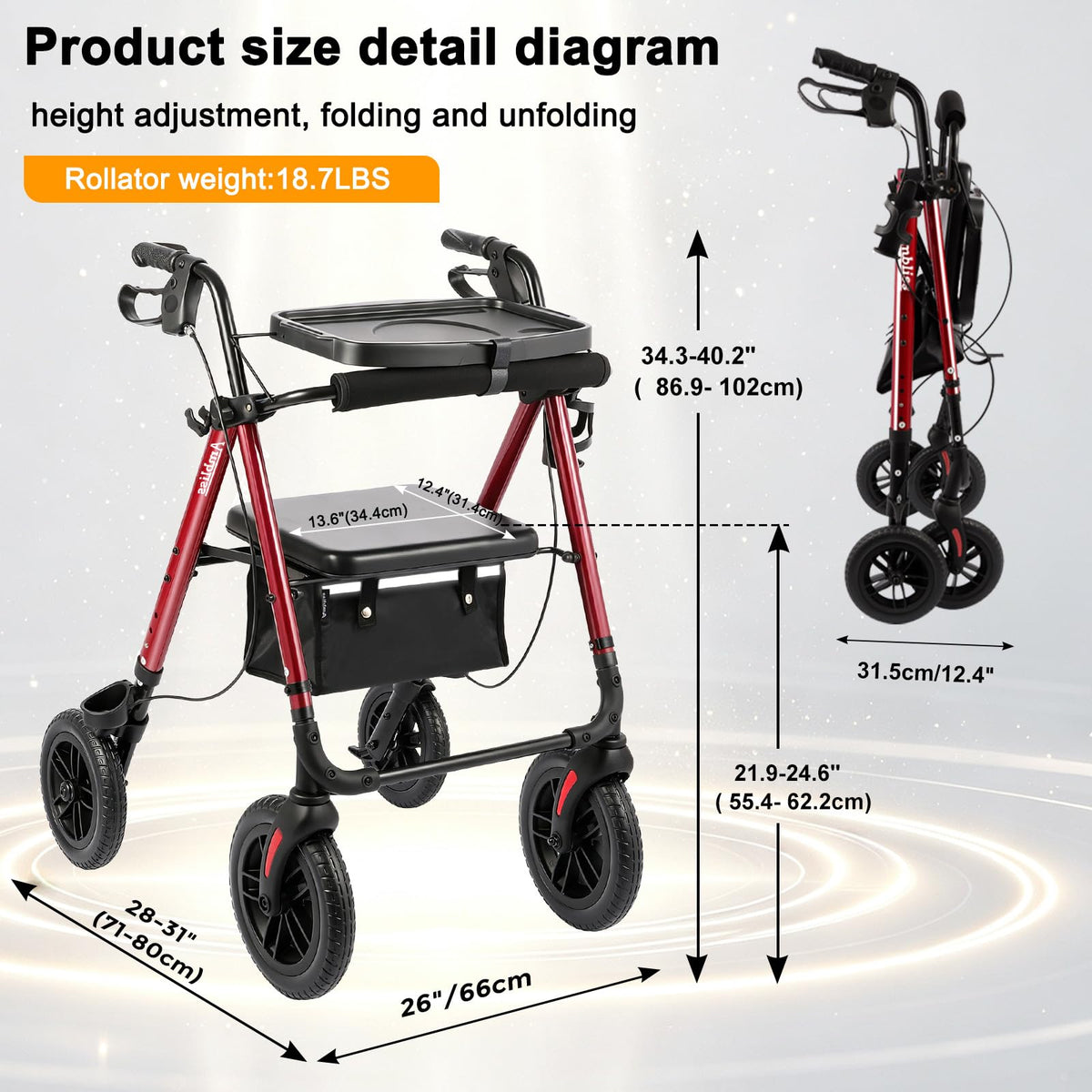 Foldable Rollator Walker with Seat & Tray N669697