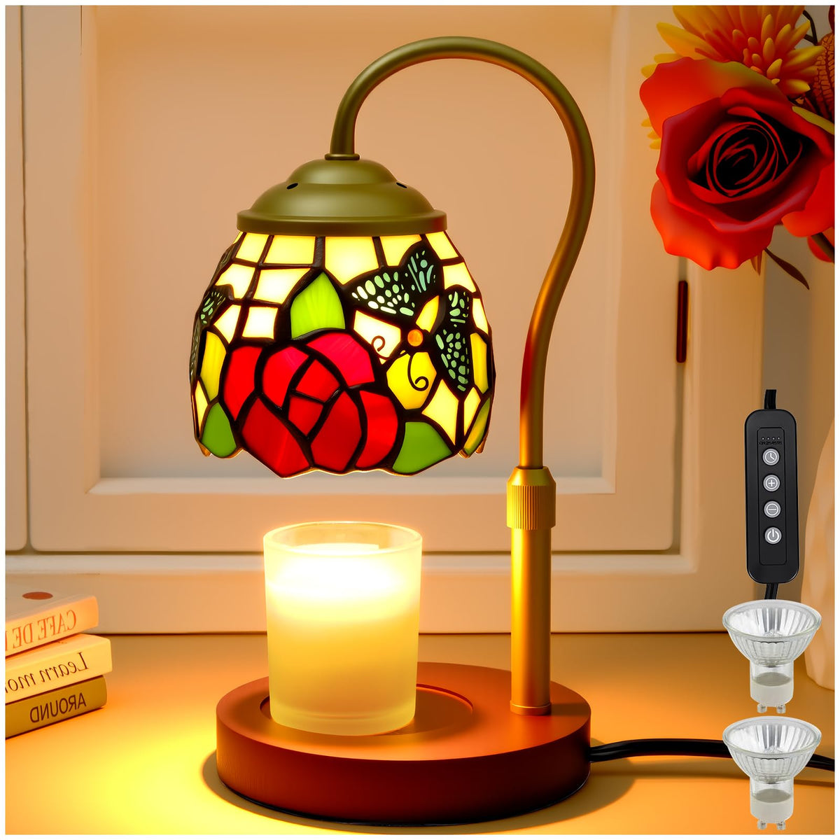 Candle Warmer Lamp with Timer Dimmer, Stained Glass, 2 Bulbs C598