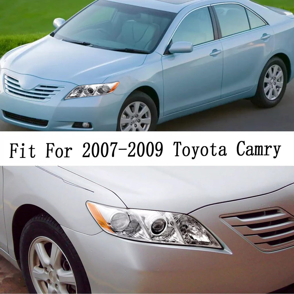 Pair Headlights Assembly Compatible With 2007-2009 Toyota Camry Driver Passenger Side Halogen Chrome Housing Clear Lens Z887