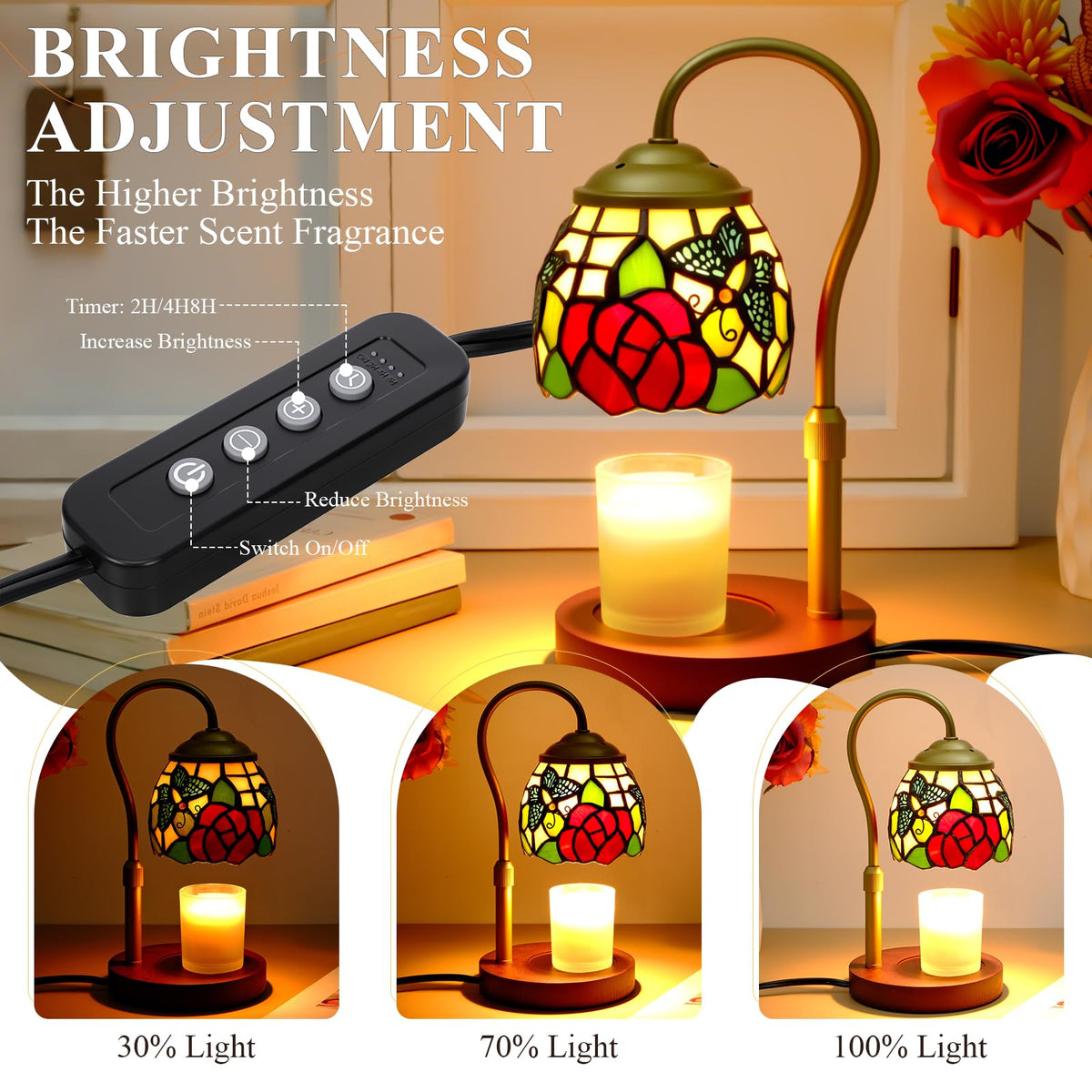 Candle Warmer Lamp with Timer Dimmer, Stained Glass, 2 Bulbs C598