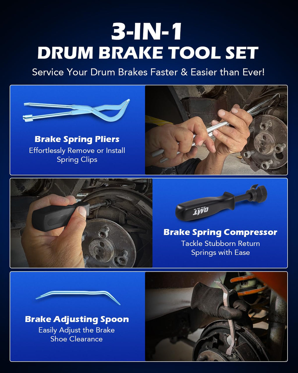 3pc Drum Brake Tool Kit with Spring Compressor and Adjustment Spoon Q715