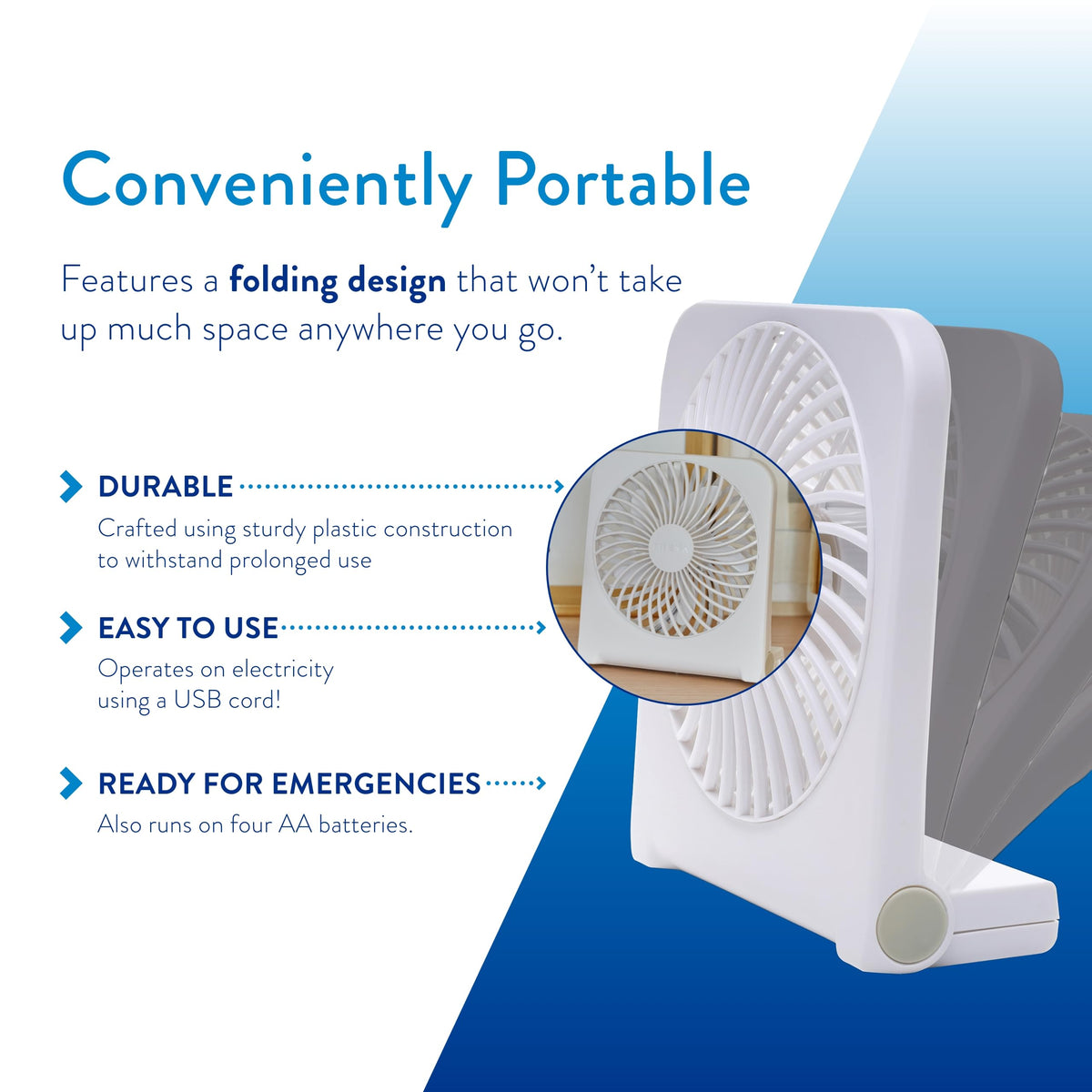 5 in USB Battery Powered Desk Fan Adjustable Tilt 2-Speed White M24376