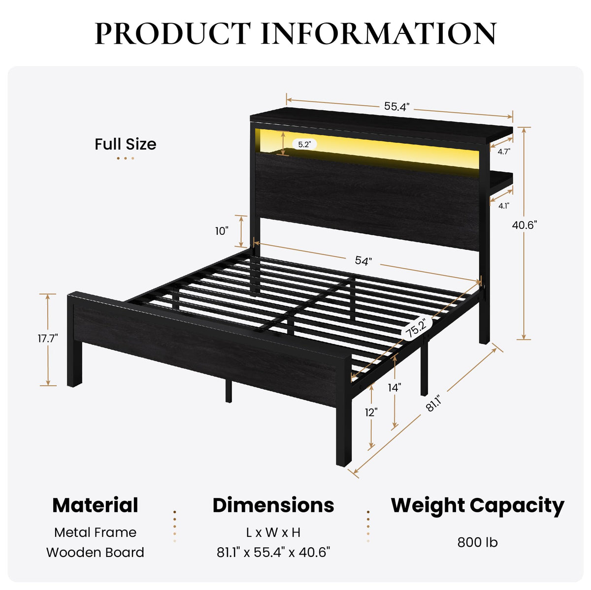 Full Bed Frame with 2-Tier Storage Headboard T17053