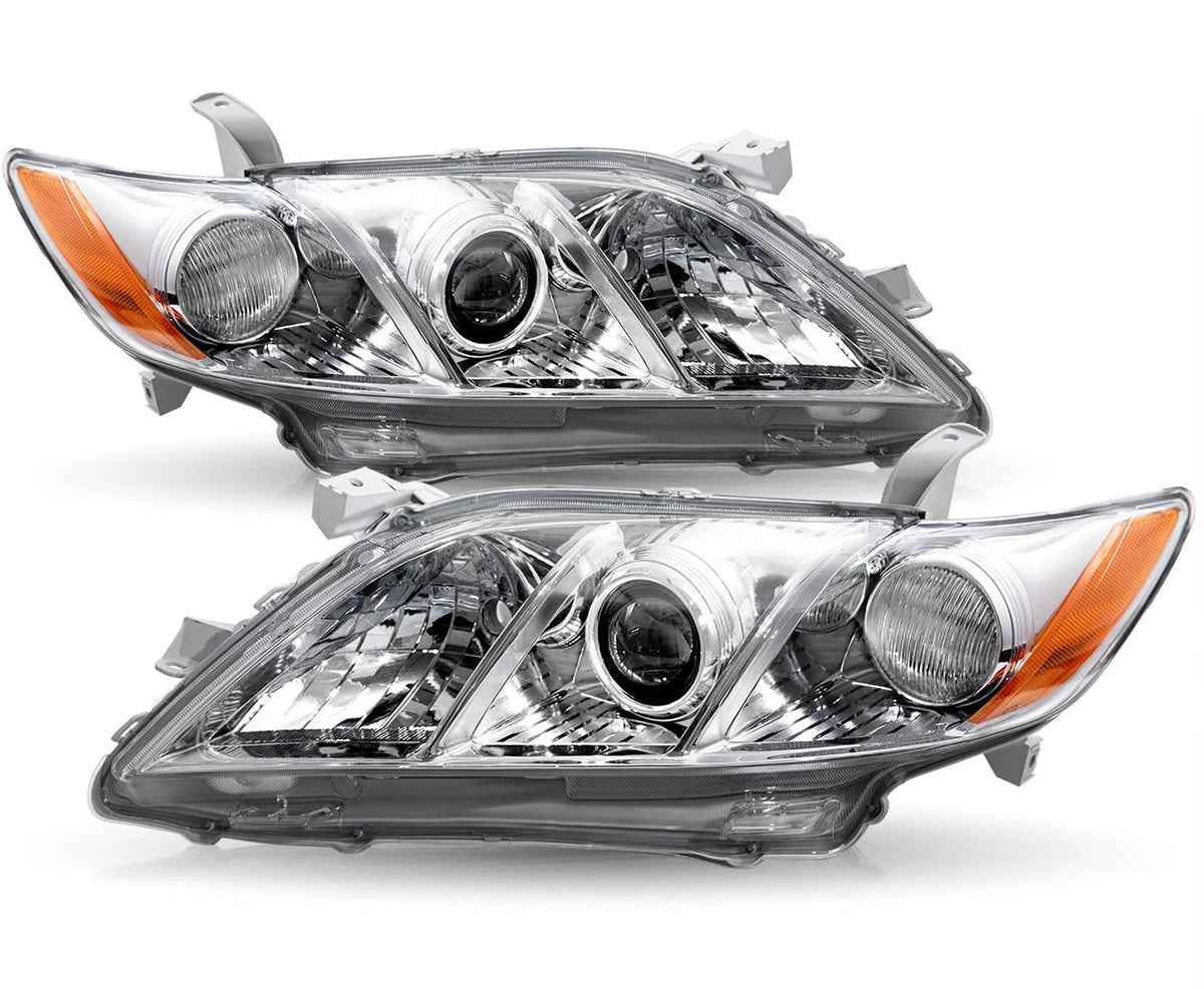 Pair Headlights Assembly Compatible With 2007-2009 Toyota Camry Driver Passenger Side Halogen Chrome Housing Clear Lens Z887