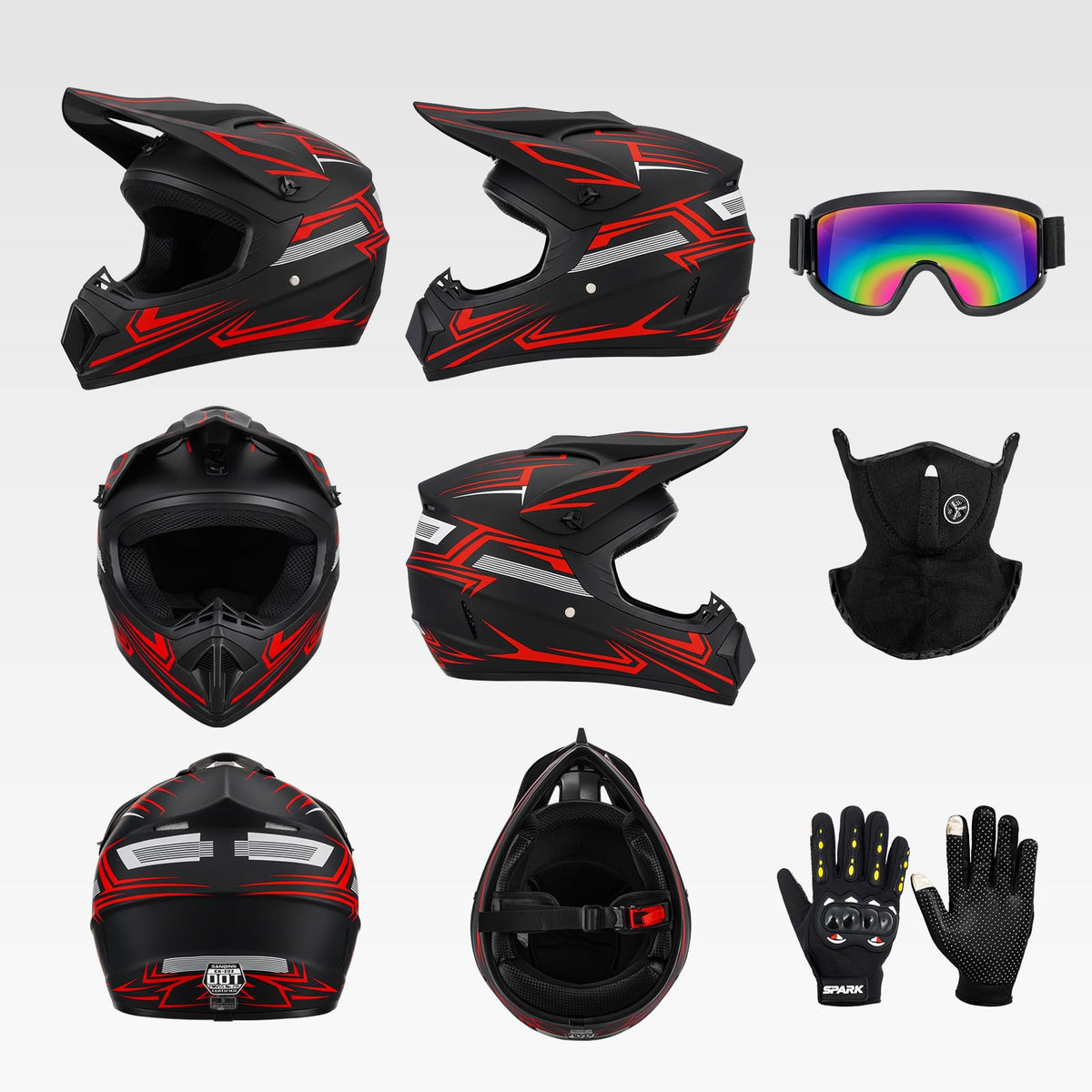 Youth Kids Full Face Motocross Helmet 4PCS Set DOT Approved Red XL C2382
