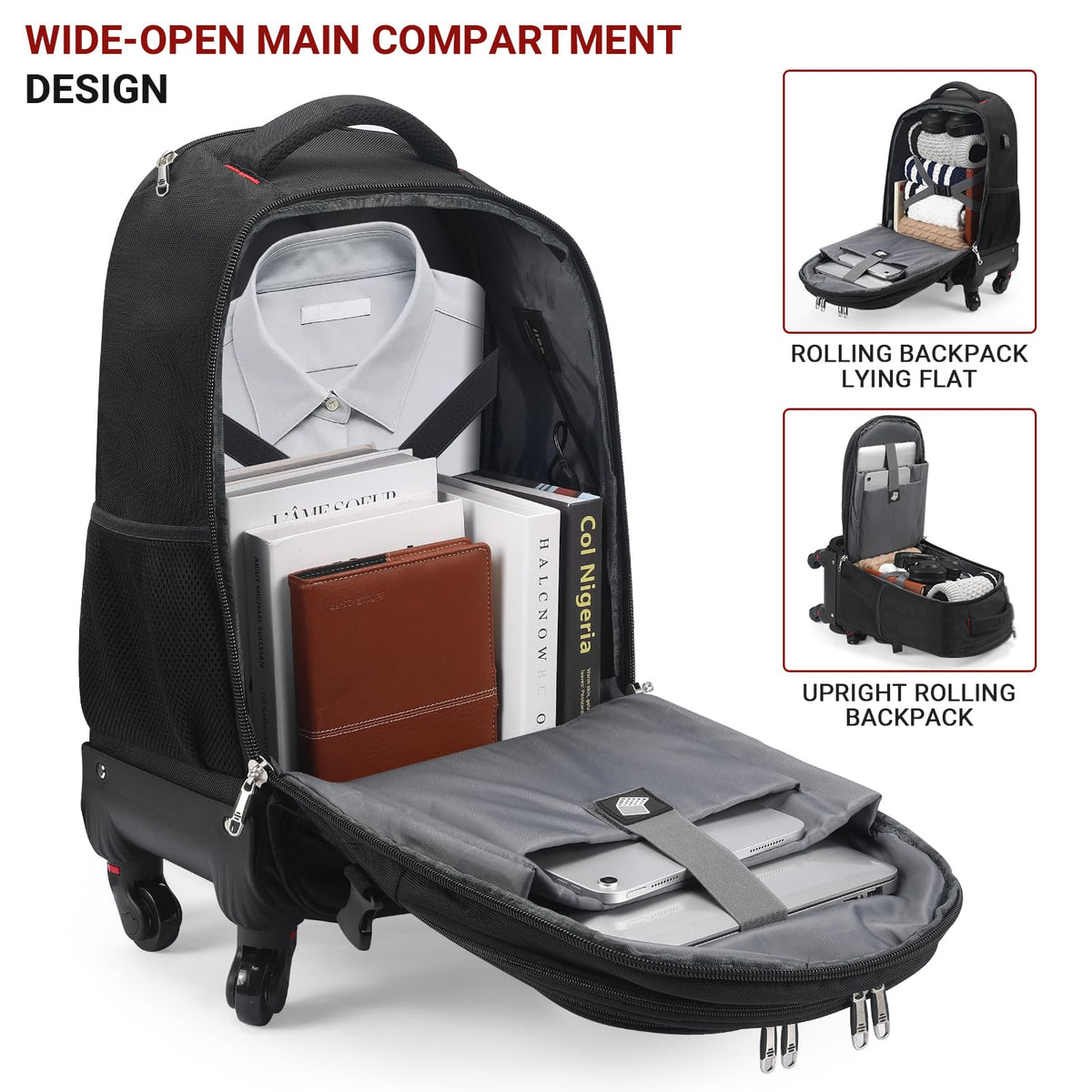 Rolling Backpack with 4 Extra Wheels, Water-Resistant Underseat Travel Luggage P38119