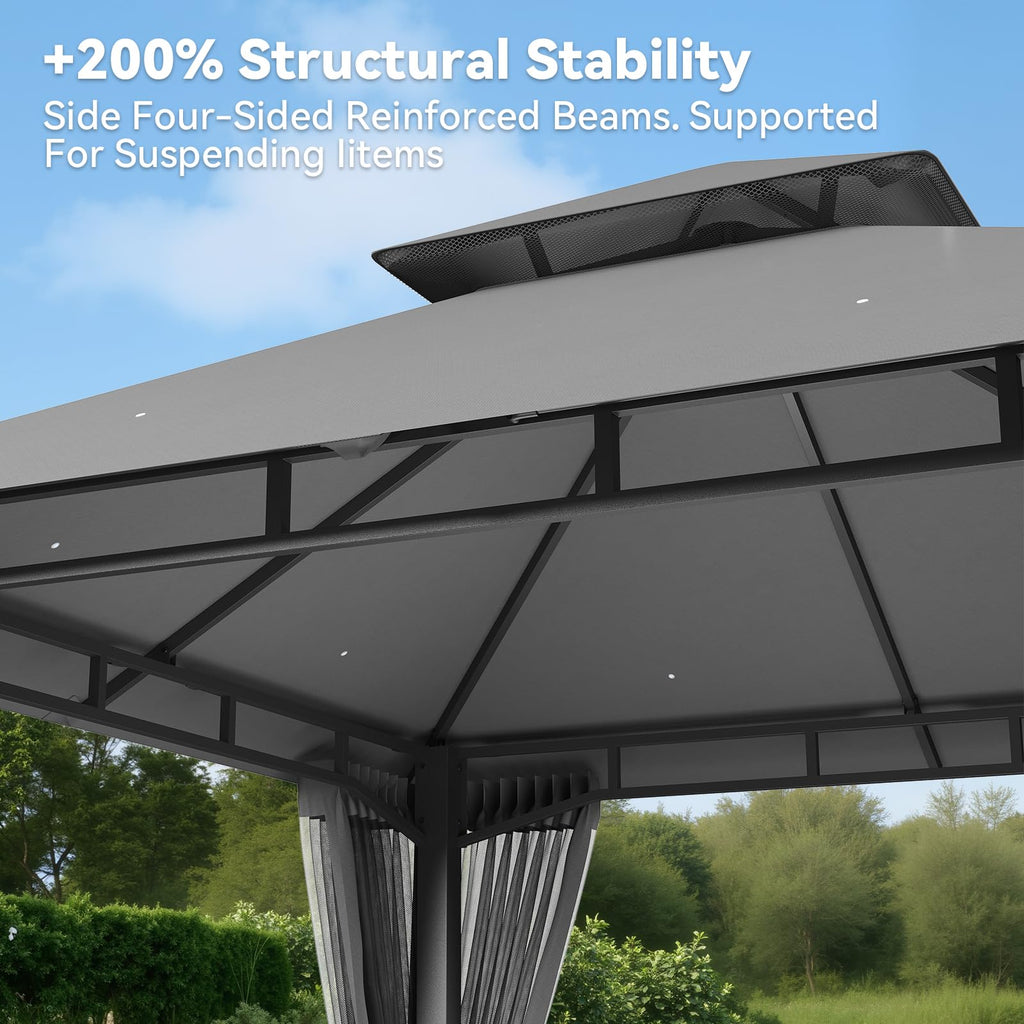 8'x8' Gray Gazebo with Double Roof & Mosquito Netting A82862