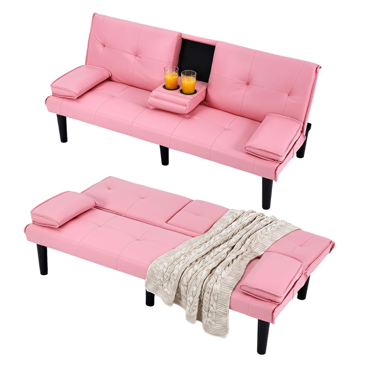 Black PVC Sofa Bed with Cup Holder and Solid Wood Frame H567