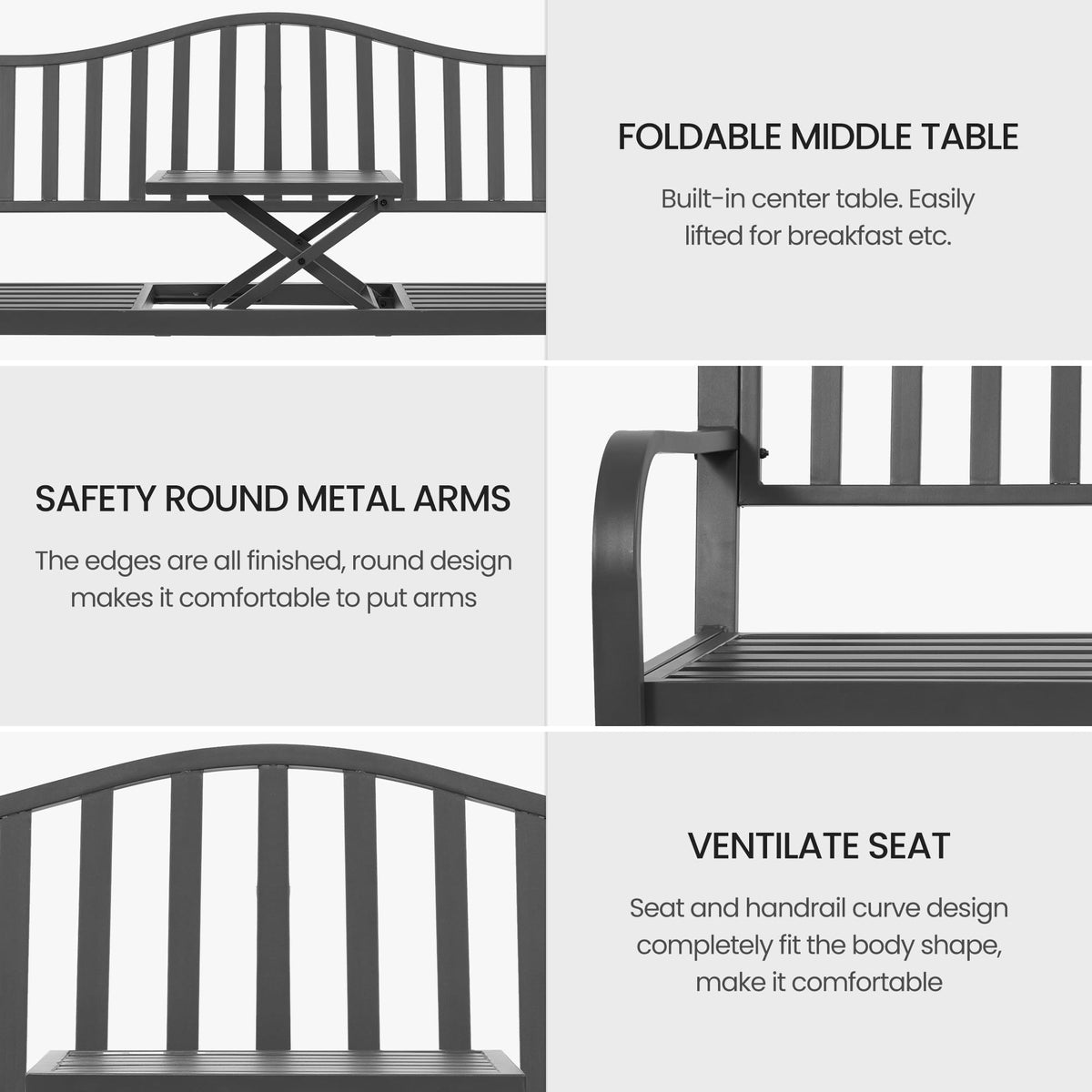 59" Gray Metal Outdoor Bench with Built in Table N8207