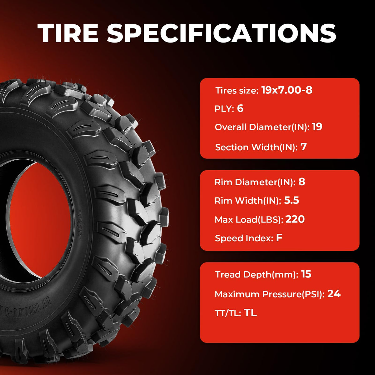 Set of 2 19x7-8 6 Ply Tubeless ATV Tires O5125