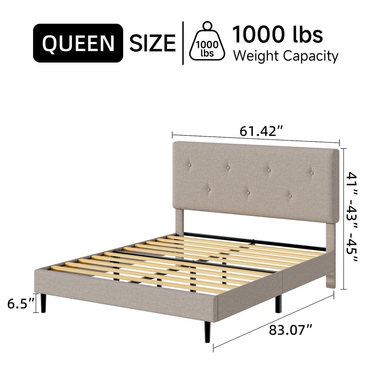 Queen Size Beige Linen Bed Frame with Adjustable Headboard E584762
