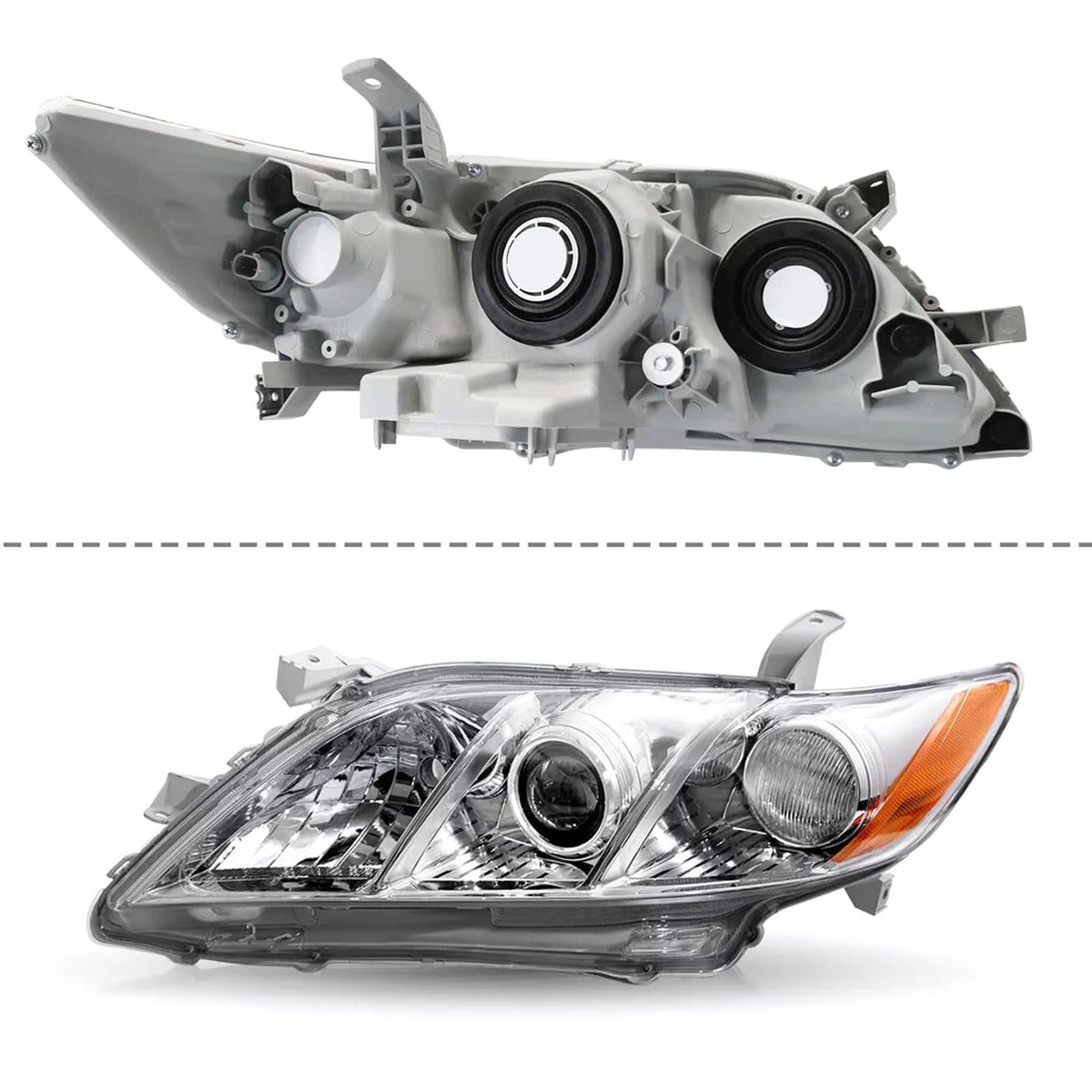 Pair Headlights Assembly Compatible With 2007-2009 Toyota Camry Driver Passenger Side Halogen Chrome Housing Clear Lens Z887