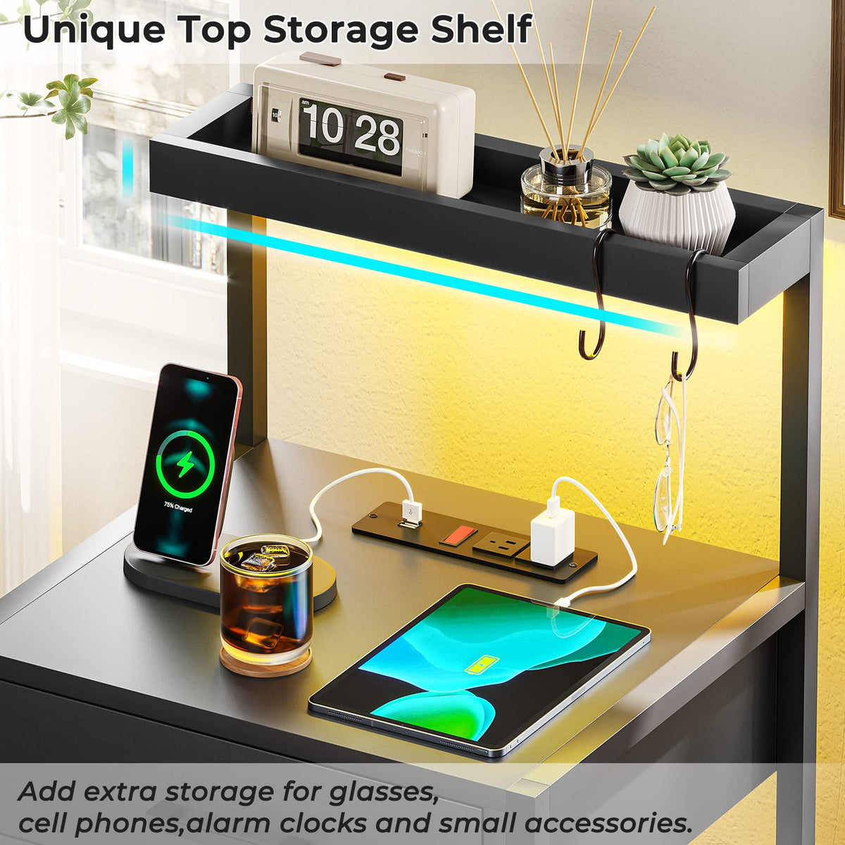 Black Nightstand with Charging Station and LED Lights, 3 Drawers H7717