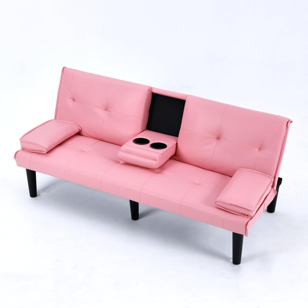 Black PVC Sofa Bed with Cup Holder and Solid Wood Frame H567
