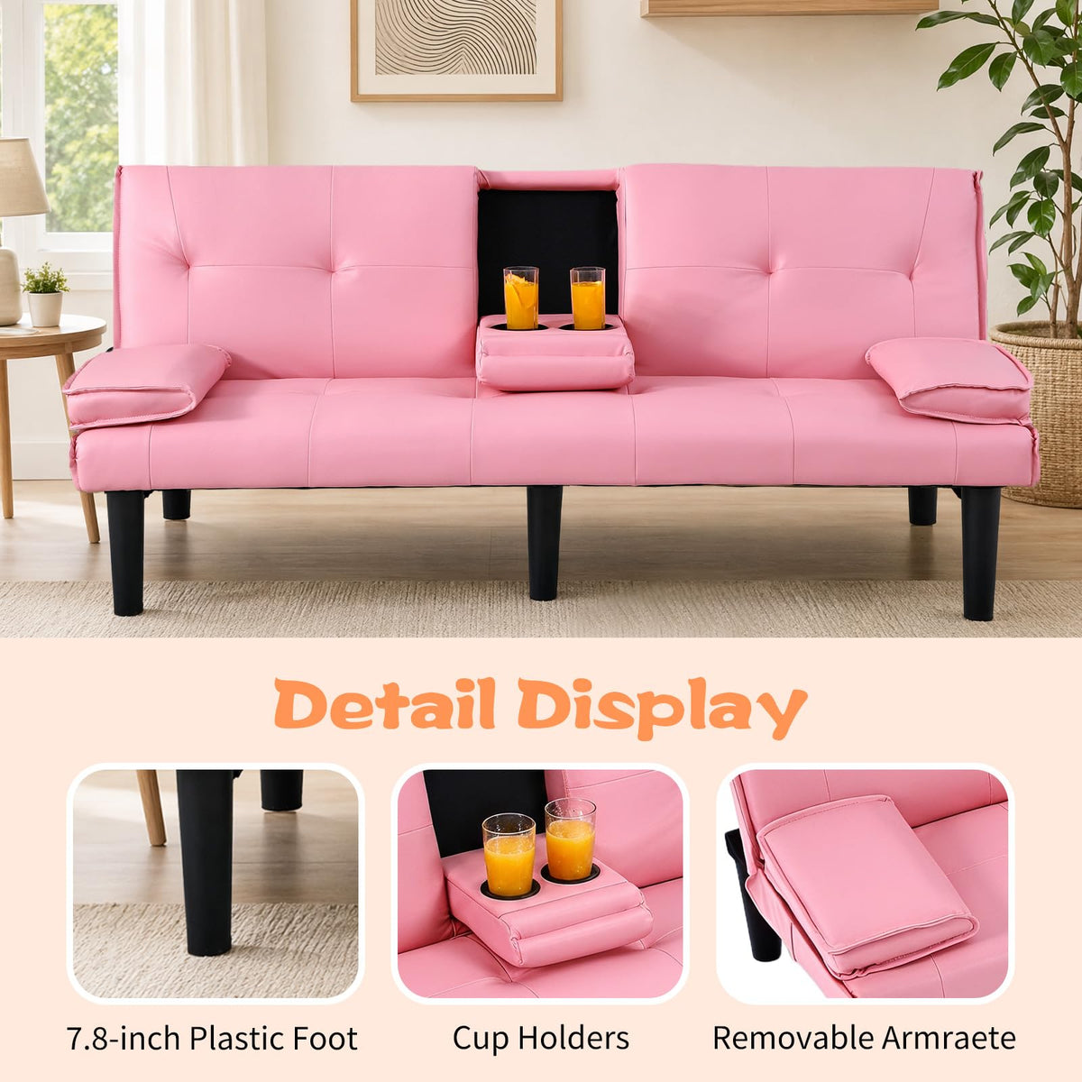 Black PVC Sofa Bed with Cup Holder and Solid Wood Frame H567