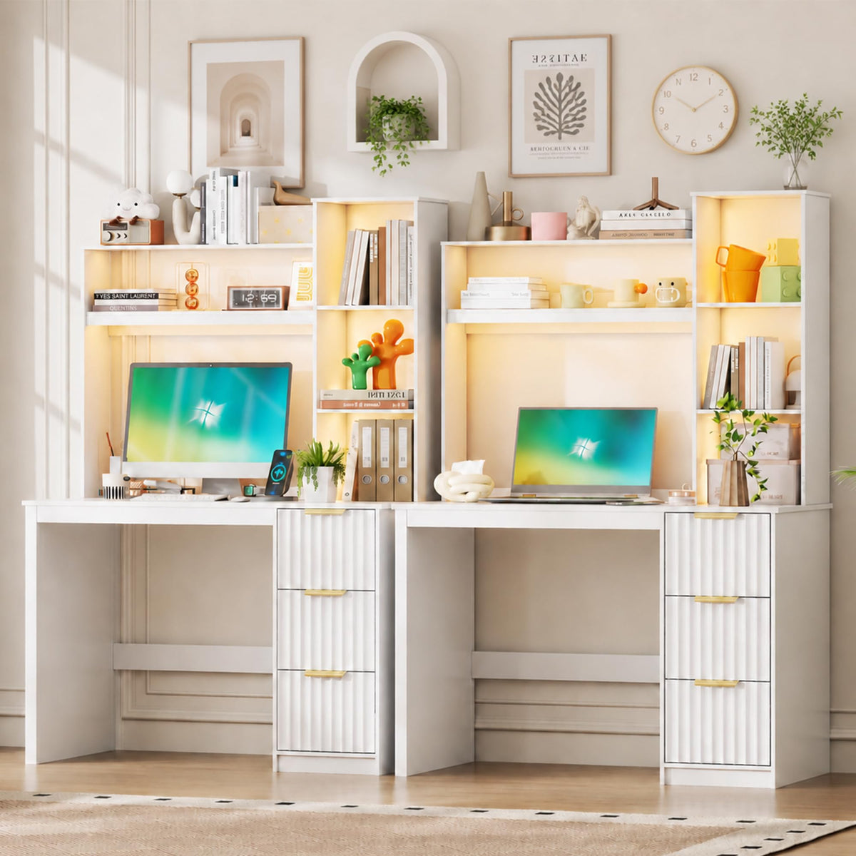 White Home Office Desk with Hutch and Drawers X36483