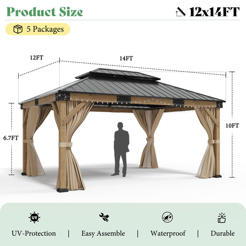 12x14FT Hardtop Gazebo with Double Roof, Privacy Curtain & Netting N34011